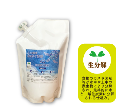 生分解　食物のカスや洗剤等が水中や土中の微生物により分解され、最終的に水と二酸化炭素に分解される仕組み。